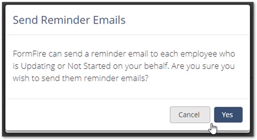 Screenshot showing a confirmation message before sending a reminder email 