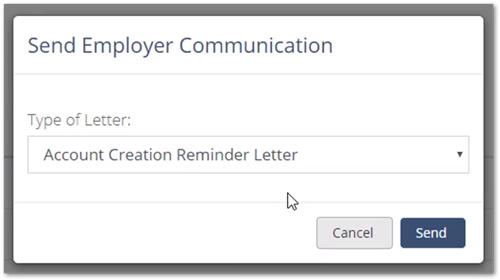 Screenshot highlighting the Account Creation Reminder Letter in the Send Employer Communication pop-up