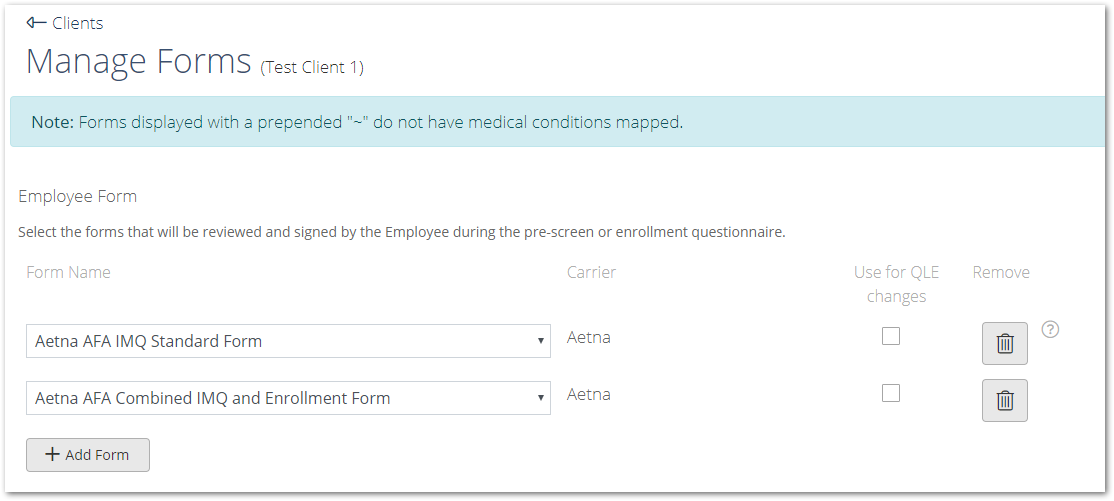 Screenshot showing the Manage Forms page