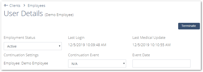 Screenshot showing an Employee's User Details page