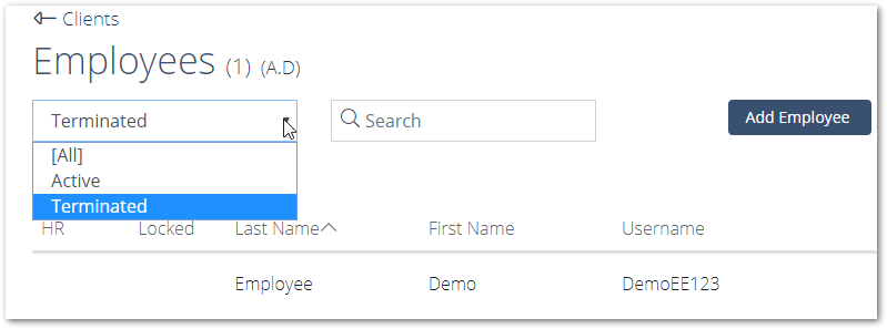 Screenshot highlighting a dropdown filter in the Employee List